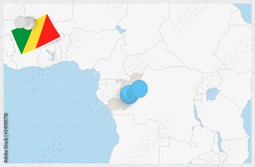 Map of Congo with a pinned blue pin. Pinned flag of Congo.