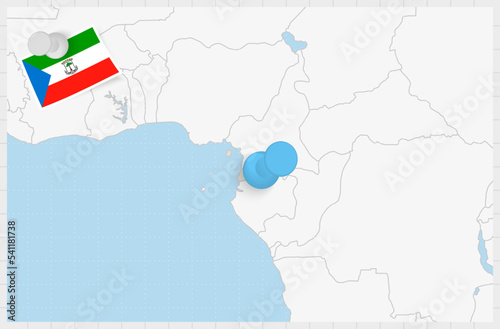 Map of Equatorial Guinea with a pinned blue pin. Pinned flag of Equatorial Guinea.