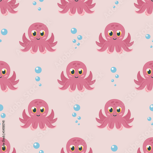 Simple seamless pattern with cute little pink octopuses and bubbles. Print for kids clothes, wrapping paper, fabric, web design. Vector flat design illustration