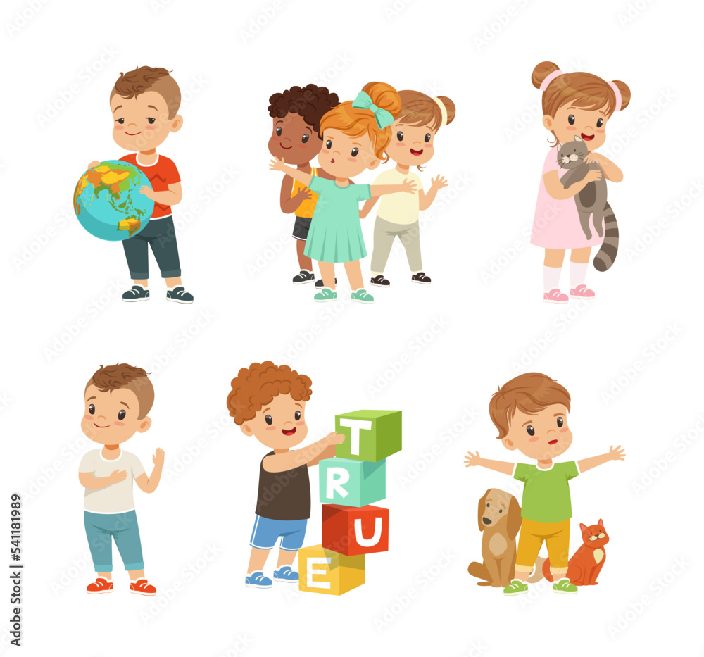 Kind and Fair Little Girl and Boy Character Protecting Weak and Building True Word of Toy Blocks Vector Illustration Set Kind and Fair Little Girl and Boy Character Protecting Weak and Building True Word of Toy Blocks Vector Illustration Set