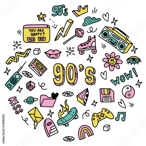 A large set of doodle drawings by hand. Sketches in the style of the 90s. 1990, cassette, videos, tape recorder, floppy disk