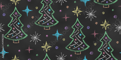 Christmas Seamless Pattern of Chalk Drawn New Year's Trees on Chalkboard Backdrop. Stylized Grunge Endless Motif.