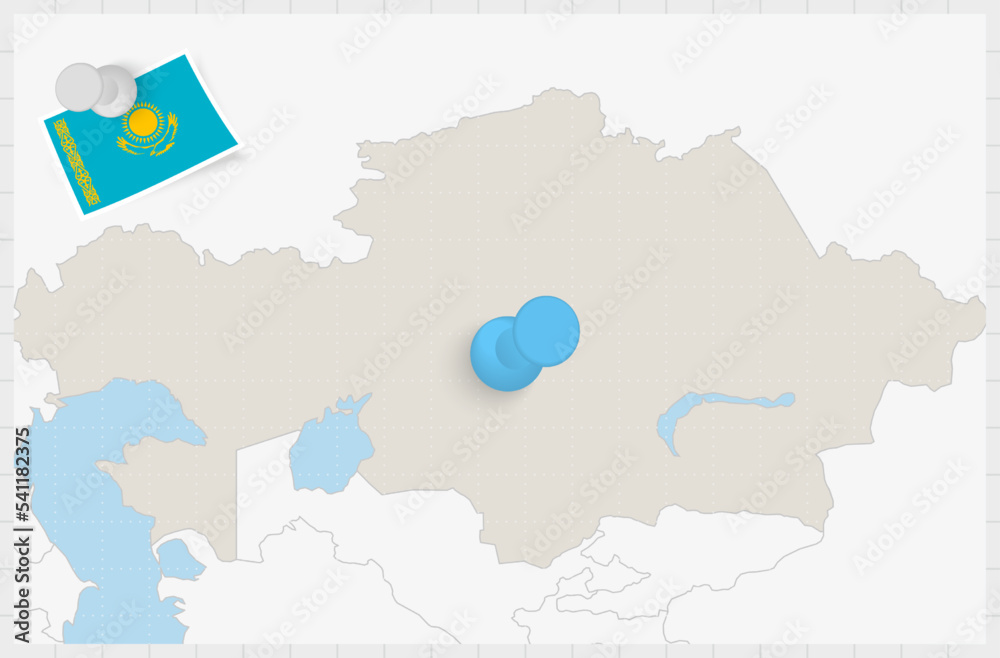 Map of Kazakhstan with a pinned blue pin. Pinned flag of Kazakhstan. Map of Kazakhstan with a pinned blue pin. Pinned flag of Kazakhstan.