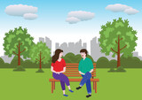 Two people at the city park sitting on a bench vector illustration