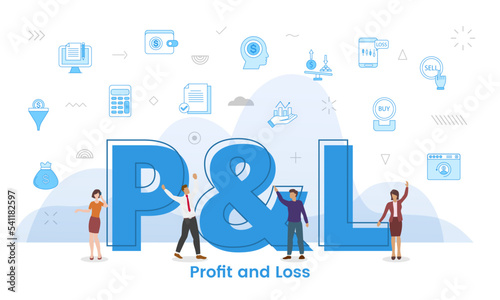 p and l profit and loss concept with big words and people surrounded by related icon spreading with modern blue color style