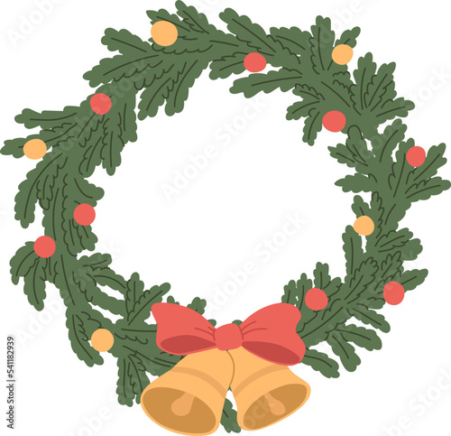 Cartoon Christmas wreath, and jingle bells. Garlands, fir tree branches Holidays decoration on white background. New Year design. Flat vector illustration.