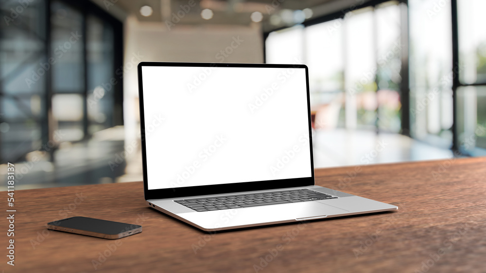 Laptop mockup isolated with transparent screen png on table with office background Laptop mockup isolated with transparent screen png on table with office background