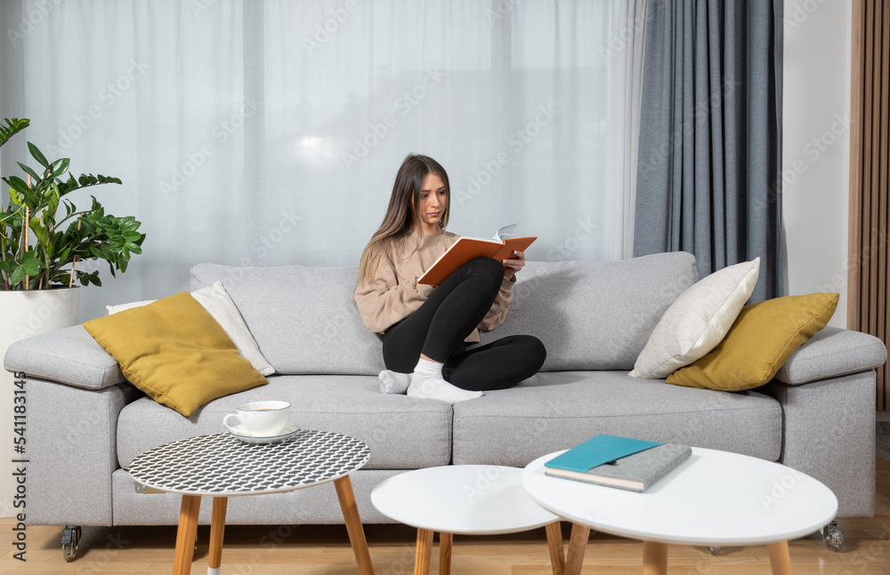 People and leisure concept - young woman reading book on sofa at home enjoying her free time from study and working in her home. People and leisure concept - young woman reading book on sofa at home enjoying her free time from study and working in her home.