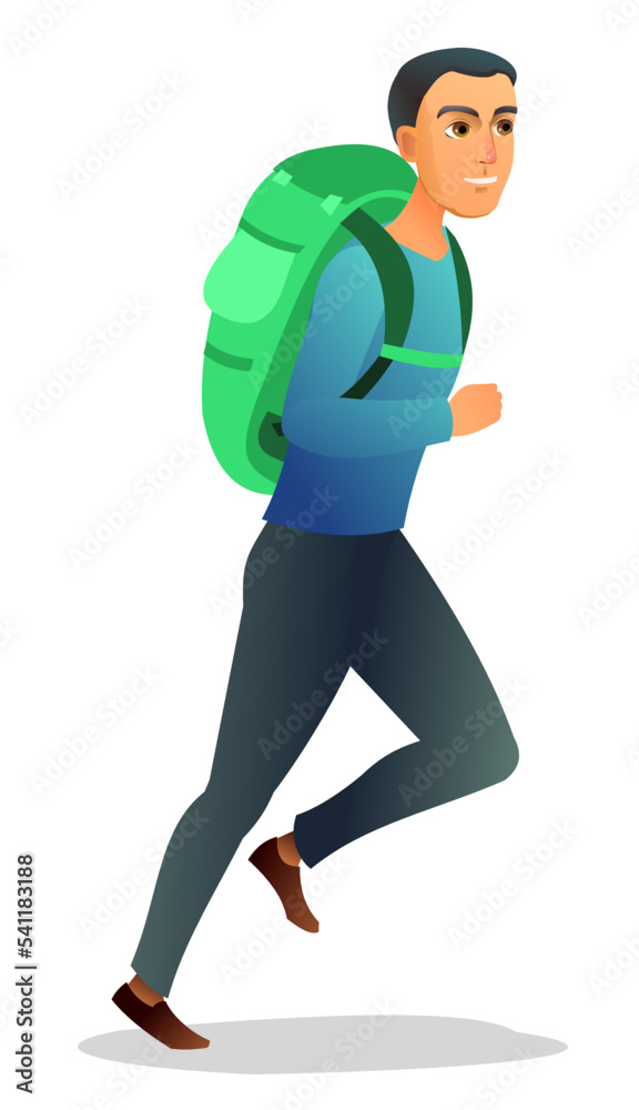 Tourist man with backpack. Boy traveler smiles. Runs down road. Goes on trip. Isolated on white background. Vector. Tourist man with backpack. Boy traveler smiles. Runs down road. Goes on trip. Isolated on white background. Vector.