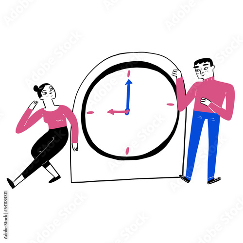 The couple is between a big clock.
