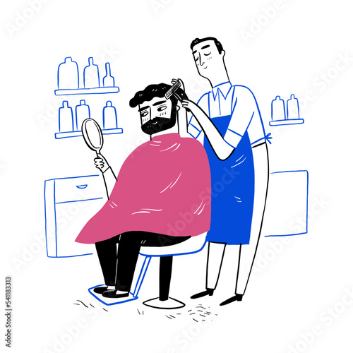 Hairdresser with customer in barber shop.