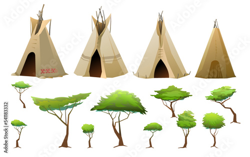 Indians wigwam hut made of felt and skins. Set of objects with trees. North American tribal dwelling. Traditional home of nomadic peoples. Isolated on white background Vector.