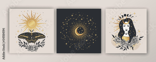 Set of esoteric alchemy mystical magic posters. Woman, sun, moon, stars, butterfly, floral elements, sacred geometry. Spiritual talisman, occultism objects. Vector illustration, gold colors