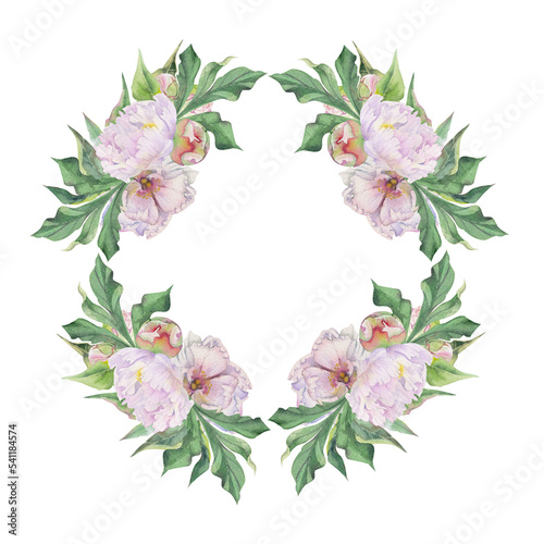 Watercolor circle frame arrangement with hand drawn delicate pink peony flowers, buds and leaves. Isolated on white background. For invitations, wedding, love or greeting cards, paper, print, textile