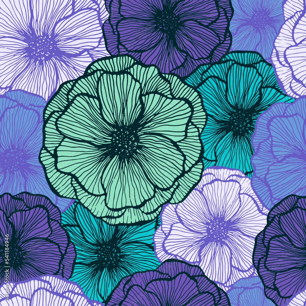 Poppy flower doodle floral vector seamless pattern summer fabric print design. Line texture petals Poppy flower doodle floral vector seamless pattern summer fabric print design. Line texture petals