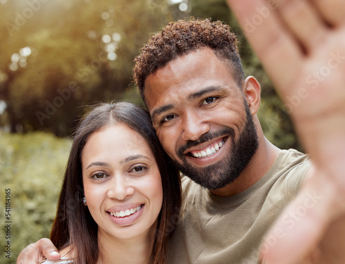 Happy selfie, couple and outdoor nature park with black people with a smile in summer. Portrait of a girlfriend and boyfriend together with happiness and love smiling for commitment anniversary