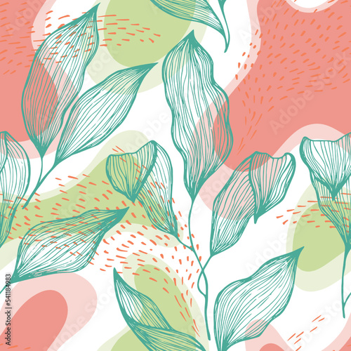 Sketch style doodle line texture leaves over stains and dots seamless vector ...