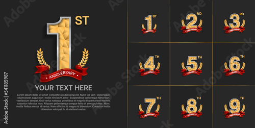 set of anniversary with golden color and vintage theme can be use for celebration event