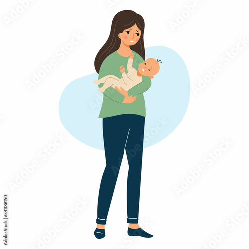 Woman holds crying baby in her arms. Sad mom and infant.