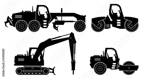 Road construction equipment silhouette on white background. Motor grader, road rollers, hydraulic jackhammer icons set view from side.