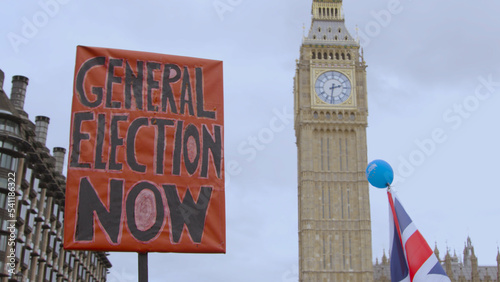 UK General election protest banner being held in London protesting new prime minister