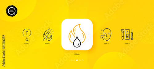 Blood and saliva test, Flammable fuel and Swipe up minimal line icons. Yellow abstract background. Hypoallergenic tested, Face accepted icons. For web, application, printing. Vector