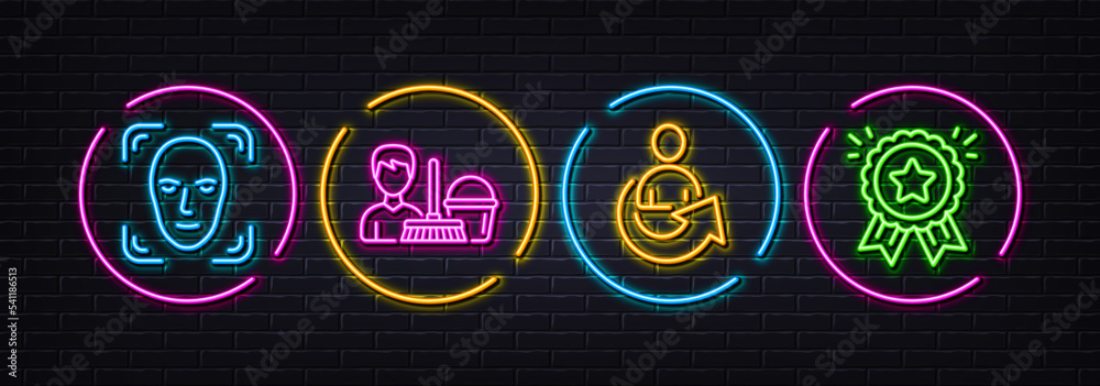 Face detection, Cleaning service and Share minimal line icons. Neon laser 3d lights. Loyalty award icons. For web, application, printing. Detect person, Bucket with mop, Referral person. Vector Face detection, Cleaning service and Share minimal line icons. Neon laser 3d lights. Loyalty award icons. For web, application, printing. Detect person, Bucket with mop, Referral person. Vector