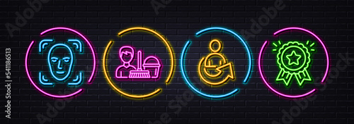 Face detection, Cleaning service and Share minimal line icons. Neon laser 3d lights. Loyalty award icons. For web, application, printing. Detect person, Bucket with mop, Referral person. Vector