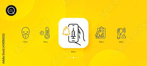 Weather thermometer, Medical mask and Electronic thermometer minimal line icons. Yellow abstract background. Report, Vaccine announcement icons. For web, application, printing. Vector