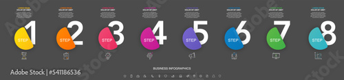 Modern vector flat illustration. Infographic numbers template with 8 icons, circles. Timeline designed for business, presentations, web design, interface, diagrams with eight steps on black background