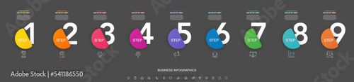 Modern vector flat illustration. Infographic numbers template with nine icons, circles. Timeline designed for business, presentations, web design, interface, diagrams with 9 steps on black background