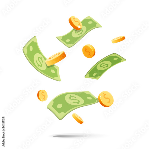 3d vector cartoon render flying and floating in the air gold dollar rain coins and green paper currency poster design. Bunch of money isolated on white background. Casino, jack pot, gold mine wealth