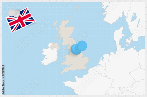 Map of United Kingdom with a pinned blue pin. Pinned flag of United Kingdom.