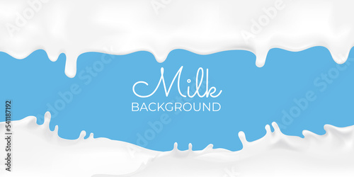 3D vector realistic illustration, milk splash and pour, realistic natural dairy products, yogurt or cream splatter drops, on blue background. Print, template, design advertising element. Milk package.
