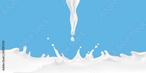 3D vector realistic illustration, milk splash and pour, natural dairy products, yogurt or cream splatter drops, on blue background. Print, template, design advertising element. Milk package frame.