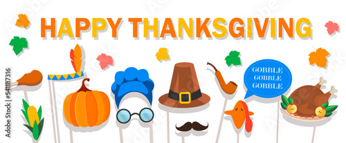 Happy Thanksgiving background with photo booth props. With pumpkin, pilgrim hat, costume, nose moustache, pie and turkey. Can be used for party invitation, card, flyer, poster template