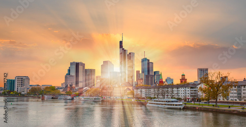 Skyline of Frankfurt, modern finance district at sunset - Frankfurt, Germany. 