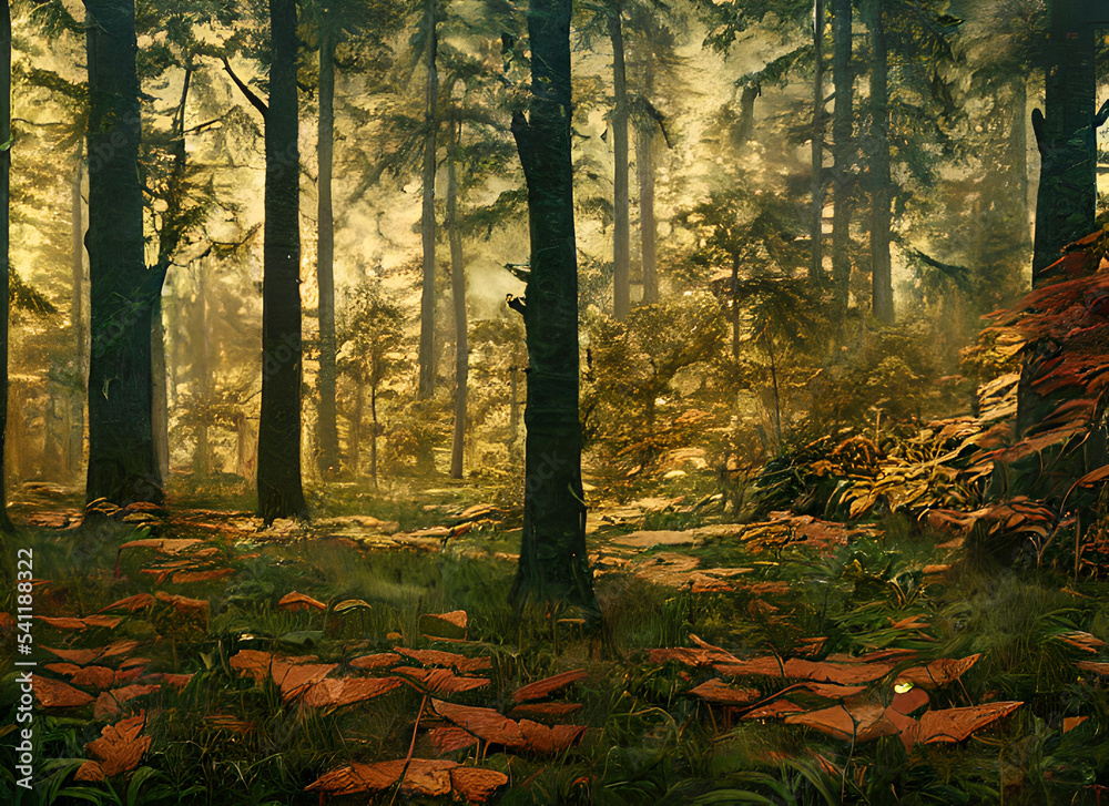 Fototapeta premium Woods Path Mist Leaves Woodland Foliage Fall Trees Sun Landscape Fog Forest Light Morning Autumn Foggy Park Leaf Green Sunlight Tree Summer Misty Nature Wood