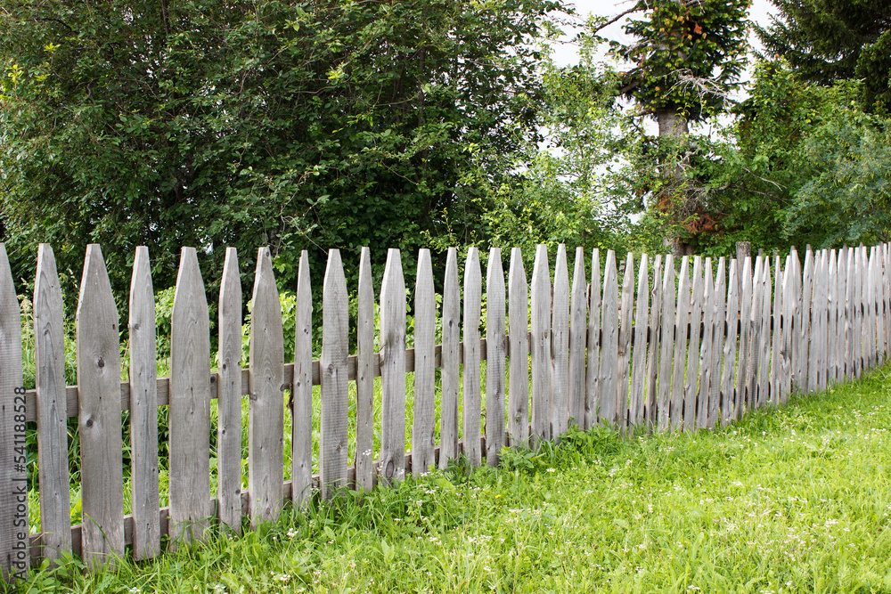 rural landscape with wooden fence on meadow