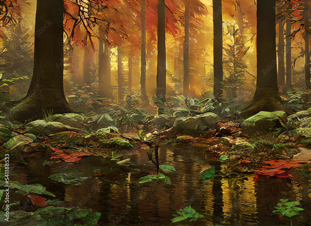 Fototapeta premium Nature Tree Landscape Foliage Fog Green Morning Forest Light Misty Foggy Woods Woodland Autumn Summer Leaves Path Sunlight Fall Park Wood Mist Sun Trees Leaf