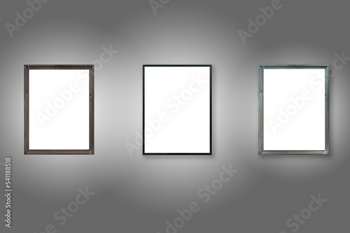 Three white wooden frames on wall in PNG isolated on transparent background