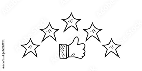 Five star rating positive feedback. doodle thumbs up. Hands of satisfied and happy people choose five gold stars that give positive feedback. hand drawn style. vector illustration
