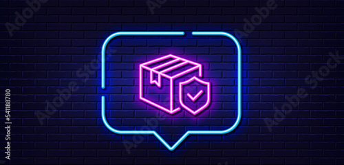 Neon light speech bubble. Parcel insurance line icon. Risk coverage sign. Package delivery protection symbol. Neon light background. Parcel insurance glow line. Brick wall banner. Vector