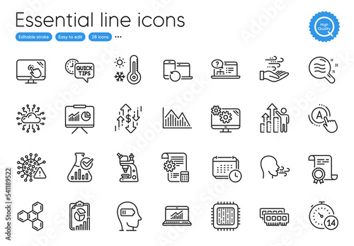 Settings blueprint, Touch screen and Chemistry lab line icons. Collection of Ram, Quarantine, Dollar rate icons. Online statistics, Cloud network, Wind energy web elements. Certificate. Vector