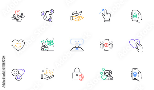 Engineering team, Touchscreen gesture and Fingerprint lock line icons for website, printing. Collection of Teamwork question, Food app, Sunny weather icons. Smile face, Video conference. Vector