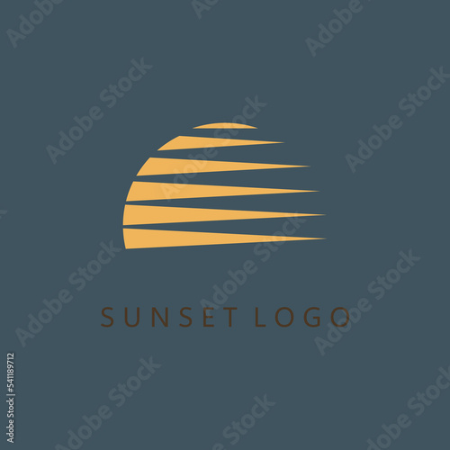 Abstract sunset logo. Geometric lines half of Sun. Company logo, travel, vacation concept. 