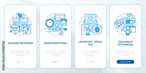 Memorizing tricks blue onboarding mobile app screen. Verbal memory walkthrough 4 steps editable graphic instructions with linear concepts. UI, UX, GUI template. Myriad Pro-Bold, Regular fonts used