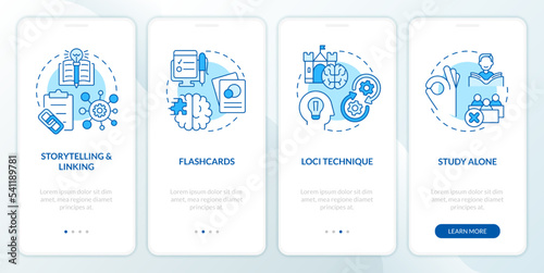Visual memorization techniques blue onboarding mobile app screen. Walkthrough 4 steps editable graphic instructions with linear concepts. UI, UX, GUI template. Myriad Pro-Bold, Regular fonts used