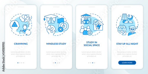 Ineffective ways to study blue onboarding mobile app screen. Walkthrough 4 steps editable graphic instructions with linear concepts. UI, UX, GUI template. Myriad Pro-Bold, Regular fonts used