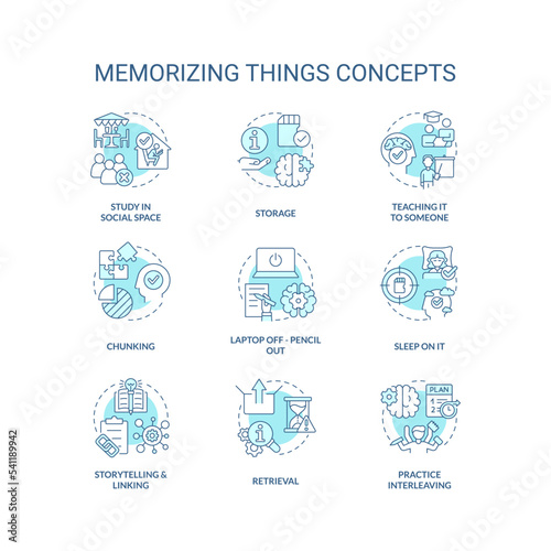 Memorizing things tips concept turquoise icons set. Enhance memory skills idea thin line color illustrations. Isolated symbols. Editable stroke. Roboto-Medium, Myriad Pro-Bold fonts used
